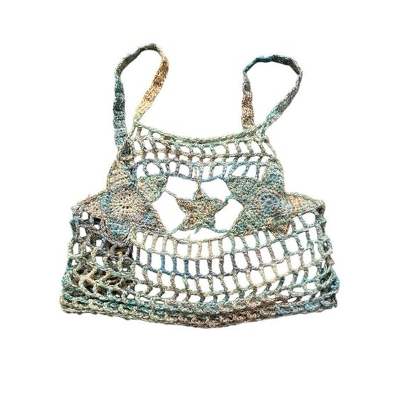 Handmade Tops - Crochet Knit Star Pattern Crop Tank Top Swim Cover Multicolor Blue Yellow